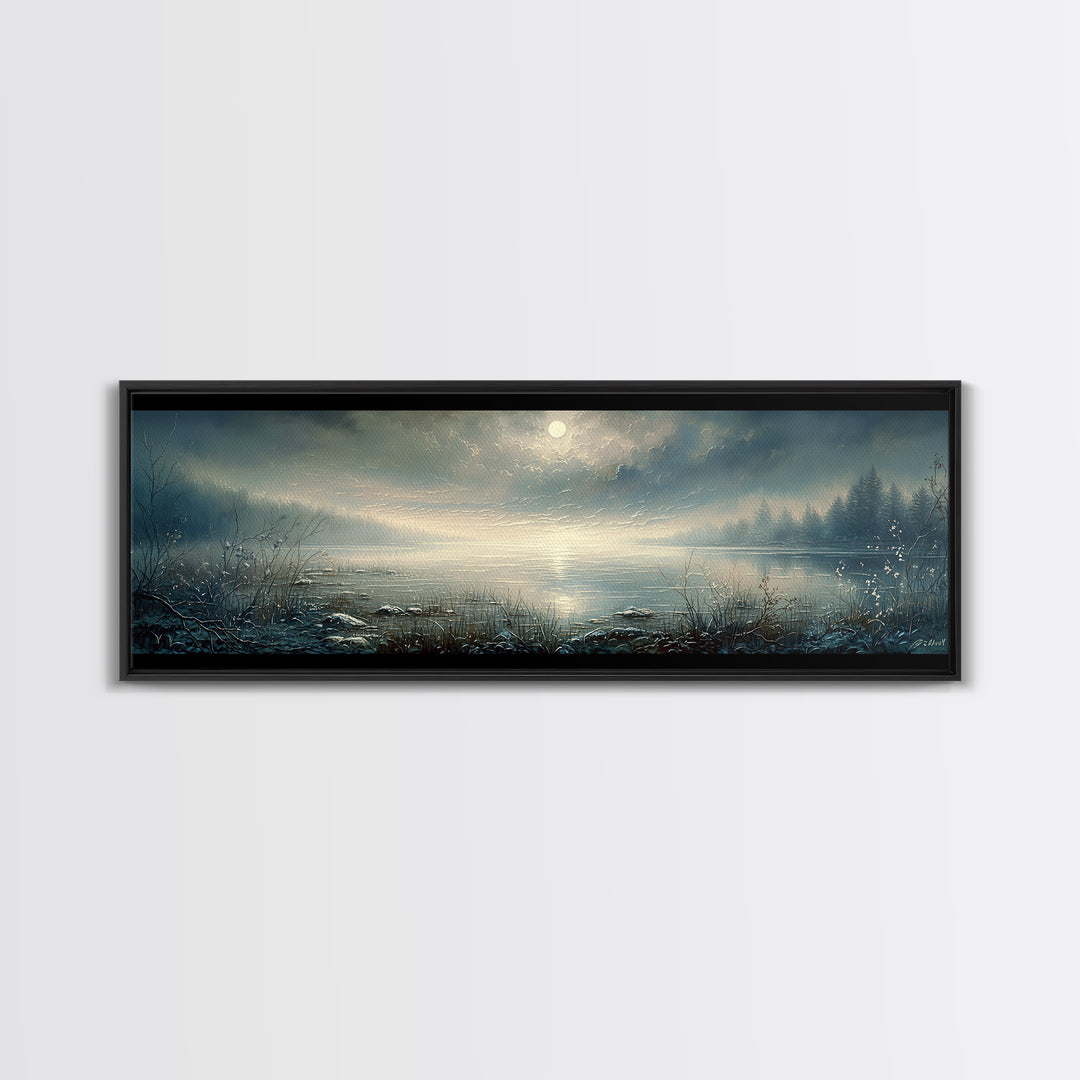 Dreamlike Moonlit Lake Framed Canvas Print, General Fine Art, Abstract Art, Living Room Decor, Oil Painting, GEN-3x1-53