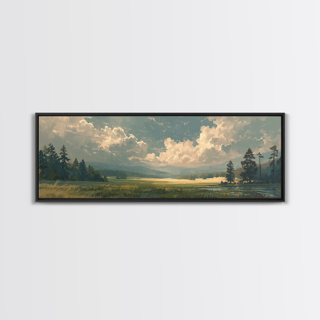 Sunlit Meadow with Loose Impressionist Brushwork Canvas Print, General Fine Art, Framed Wall Art, Living Room Decor, GEN-3x1-6