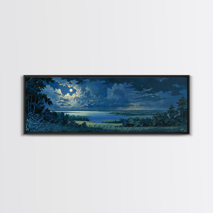 Dreamlike Moonlit Lake Framed Canvas Print, General Fine Art, Abstract Art, Living Room Decor, Oil Painting, GEN-3x1-77