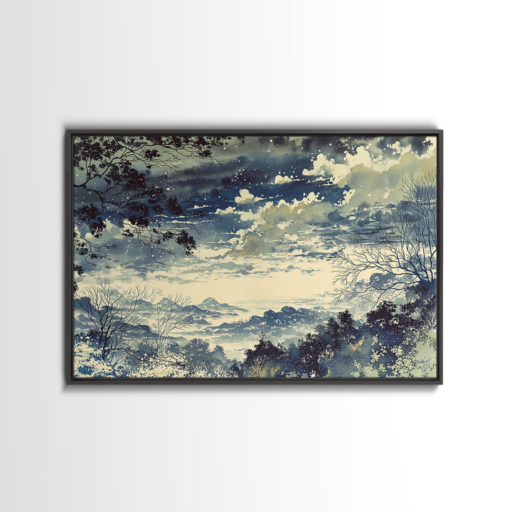 Elegant Ink Wash Landscape Framed Canvas Print, General Fine Art, Framed Wall Art, Living Room Decor, Watercolor Art, GEN-3x2-24