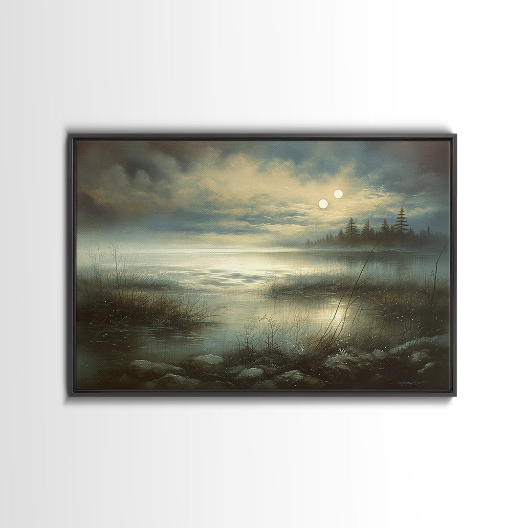 Dreamlike Moonlit Lake Framed Canvas Print, General Fine Art, Digital Print, Living Room Decor, Watercolor Art, GEN-3x2-41