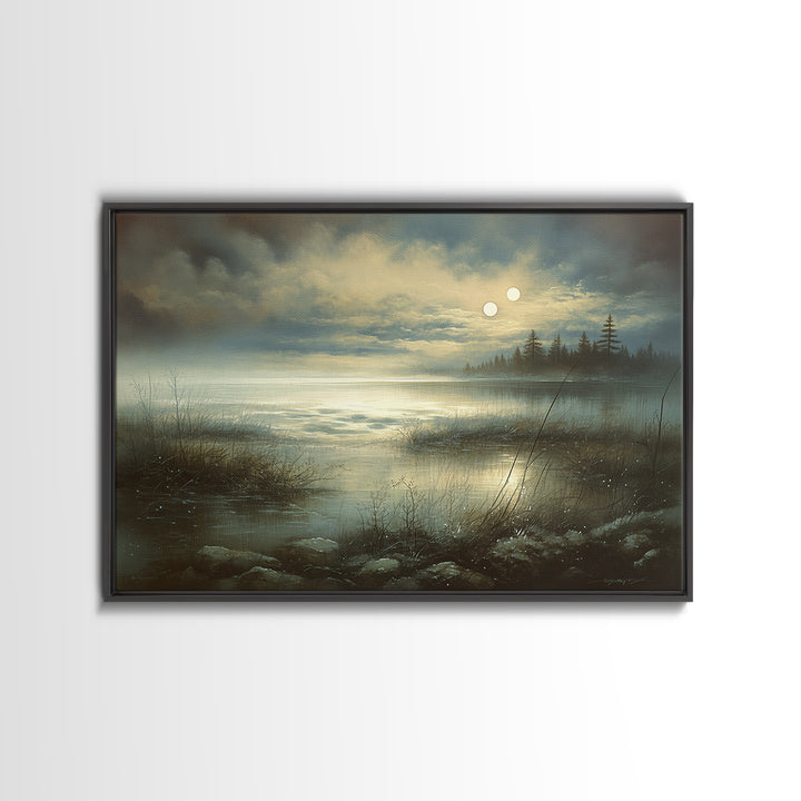 Dreamlike Moonlit Lake Framed Canvas Print, General Fine Art, Digital Print, Living Room Decor, Watercolor Art, GEN-3x2-41