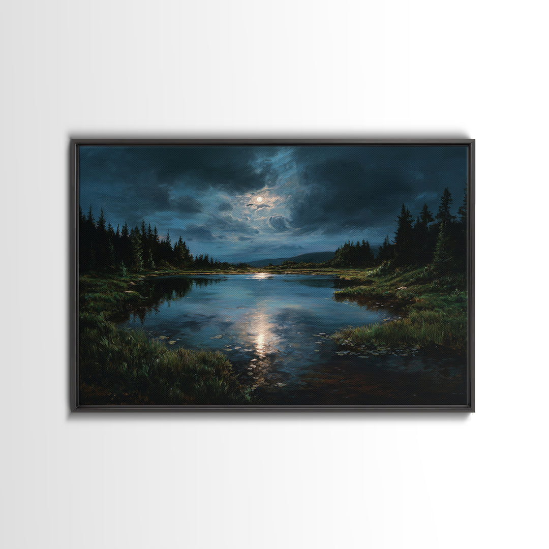 Dreamlike Moonlit Lake Framed Canvas Print, General Fine Art, Digital Print, Living Room Decor, Watercolor Art, GEN-3x2-65