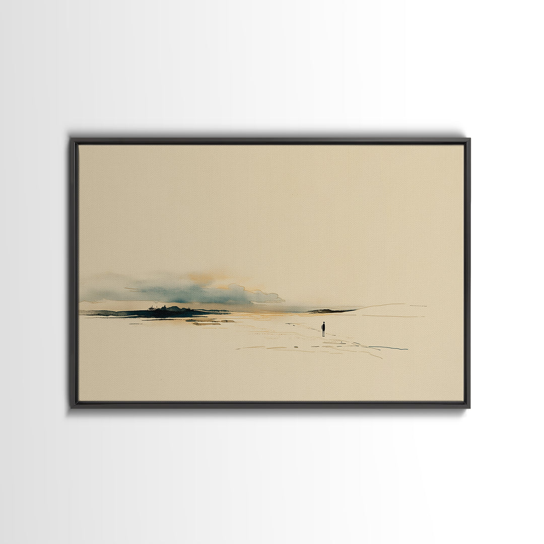 Minimal Black Line Figure on Textured Paper Framed Canvas Print, General Fine Art, Digital Art, Living Room Decor, Fine Art, GEN-3x2-7