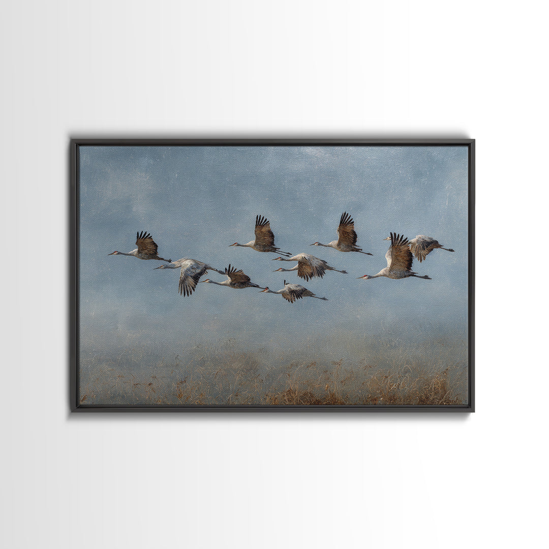 Minimal Birds in Flight over an Open Framed Canvas Print, General Fine Art, Art Deco, Living Room Decor, Oil Painting, GEN-3x2-74