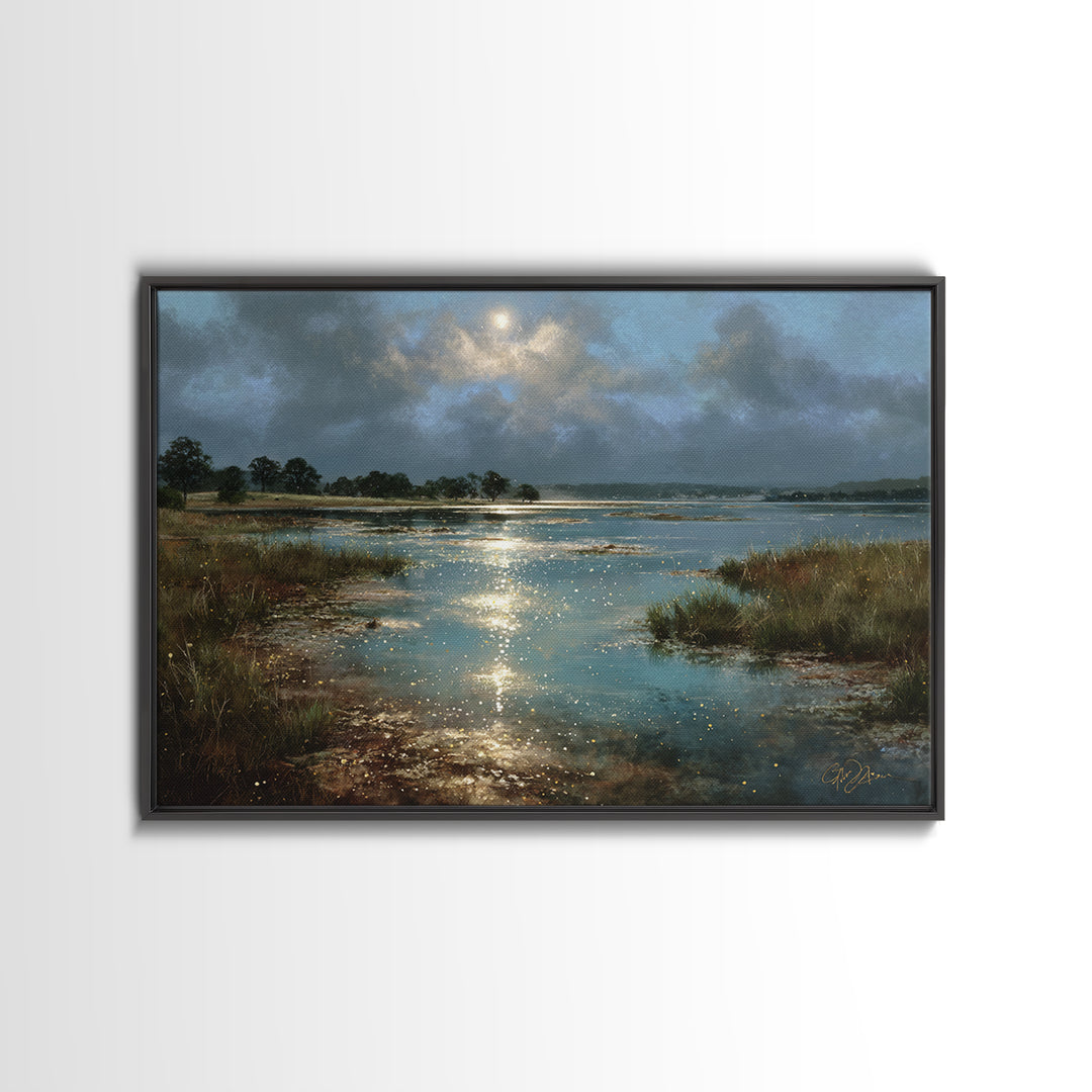 Dreamlike Moonlit Lake Canvas Print, General Fine Art, Boho Decor, Living Room Decor, Fine Art, Wall Decor, Painting, GEN-3x2-89