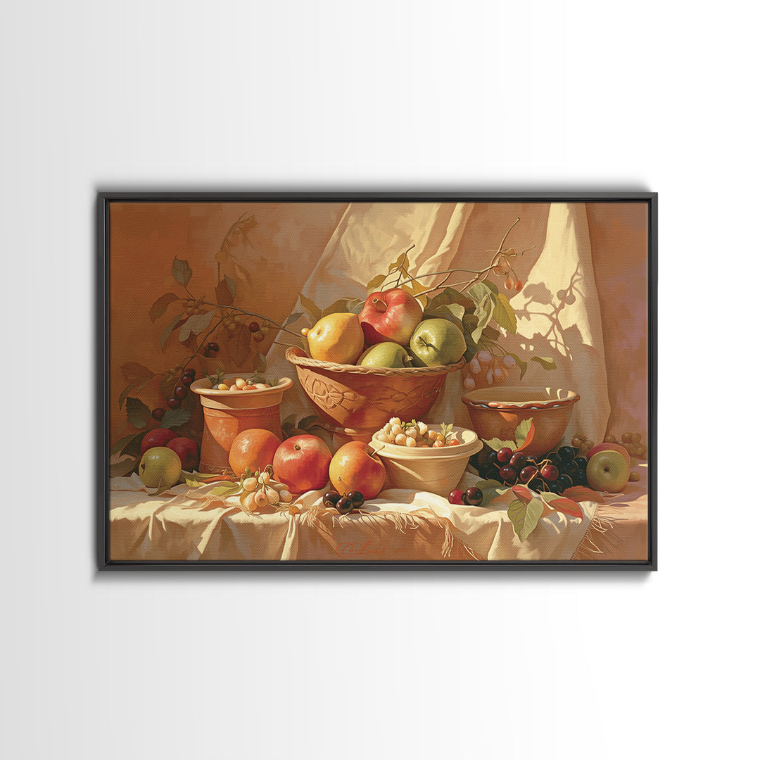 Simple Still Life of Fruit and Linen Framed Canvas Print, General Fine Art, Art, Living Room Decor, Abstract Art, GEN-3x2-92