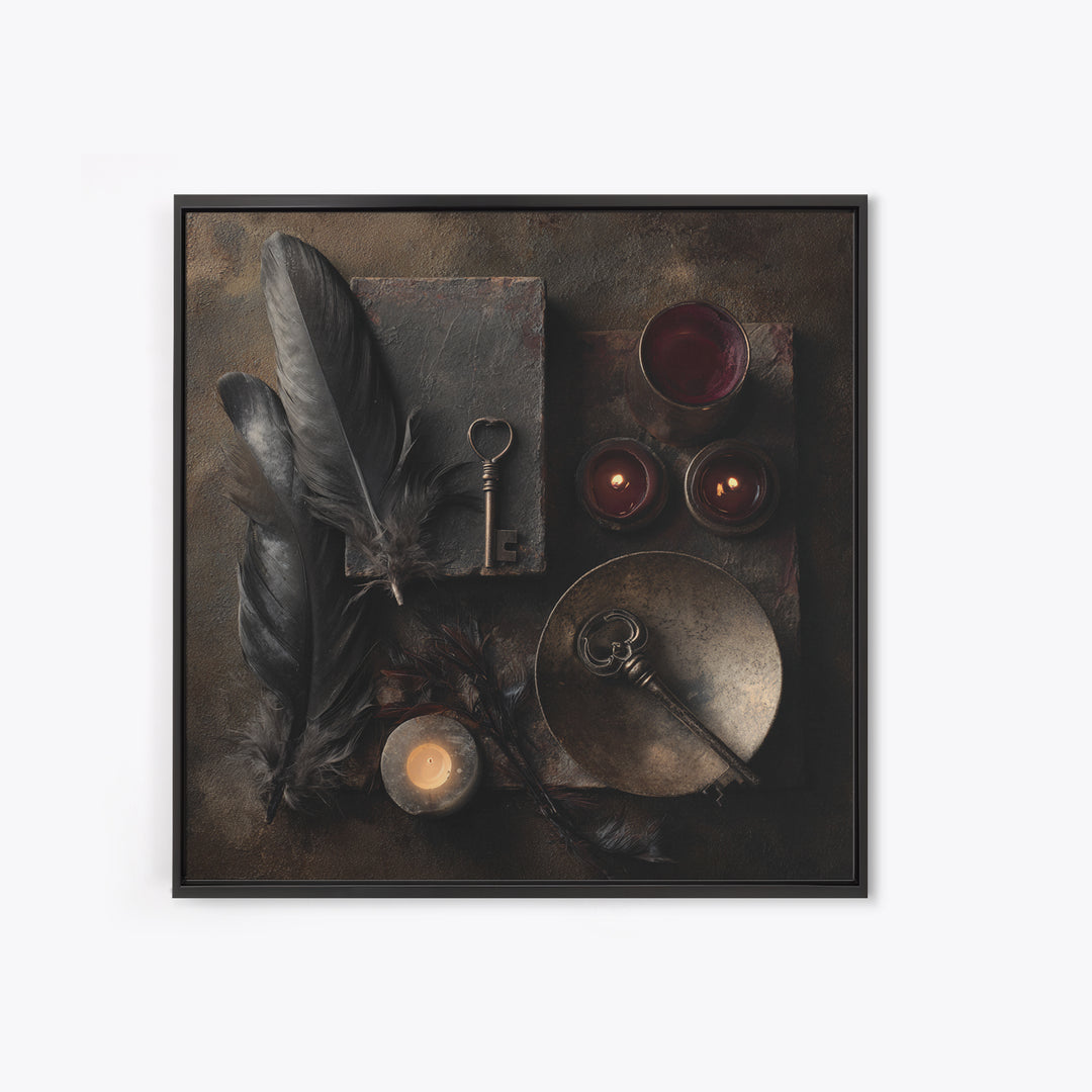 Crow Feathers and Antique Key Still Life Framed Canvas Print, Gothic Art, Halloween Decor, Living Room Decor, Fine Art, Gothic, GOT-1x1-12