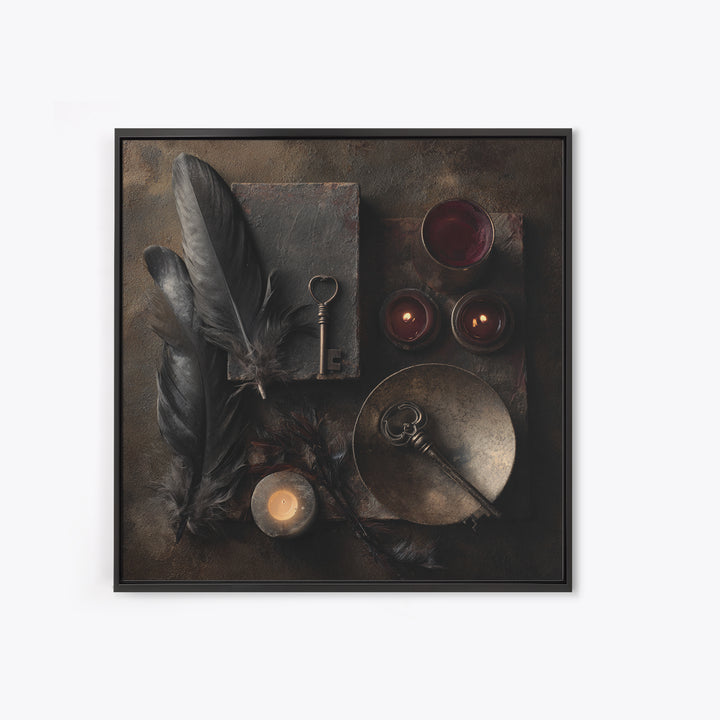 Crow Feathers and Antique Key Still Life Framed Canvas Print, Gothic Art, Halloween Decor, Living Room Decor, Fine Art, Gothic, GOT-1x1-12