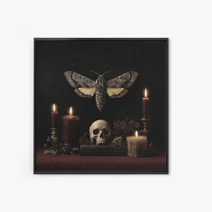 Moth and Skull Composition on Black Velvet Canvas Print, Gothic Art, Canvas Tote Bag, Living Room Decor, Oil Painting, Gothic, GOT-1x1-15
