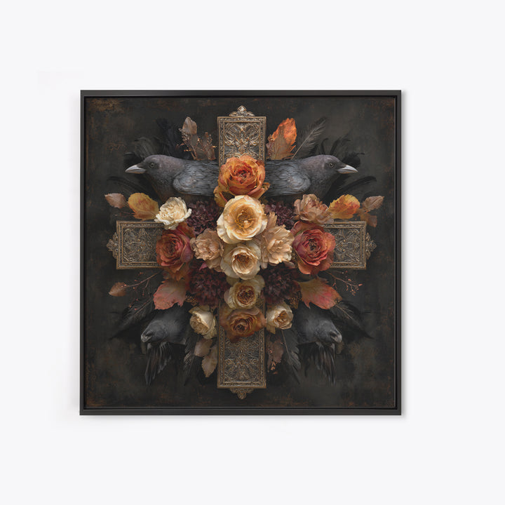 Ornate Cross and Roses Dramatic Still Life Canvas Print, Gothic Art, Art Print, Living Room Decor, Gothic, Whimsigoth Decor, GOT-1x1-20