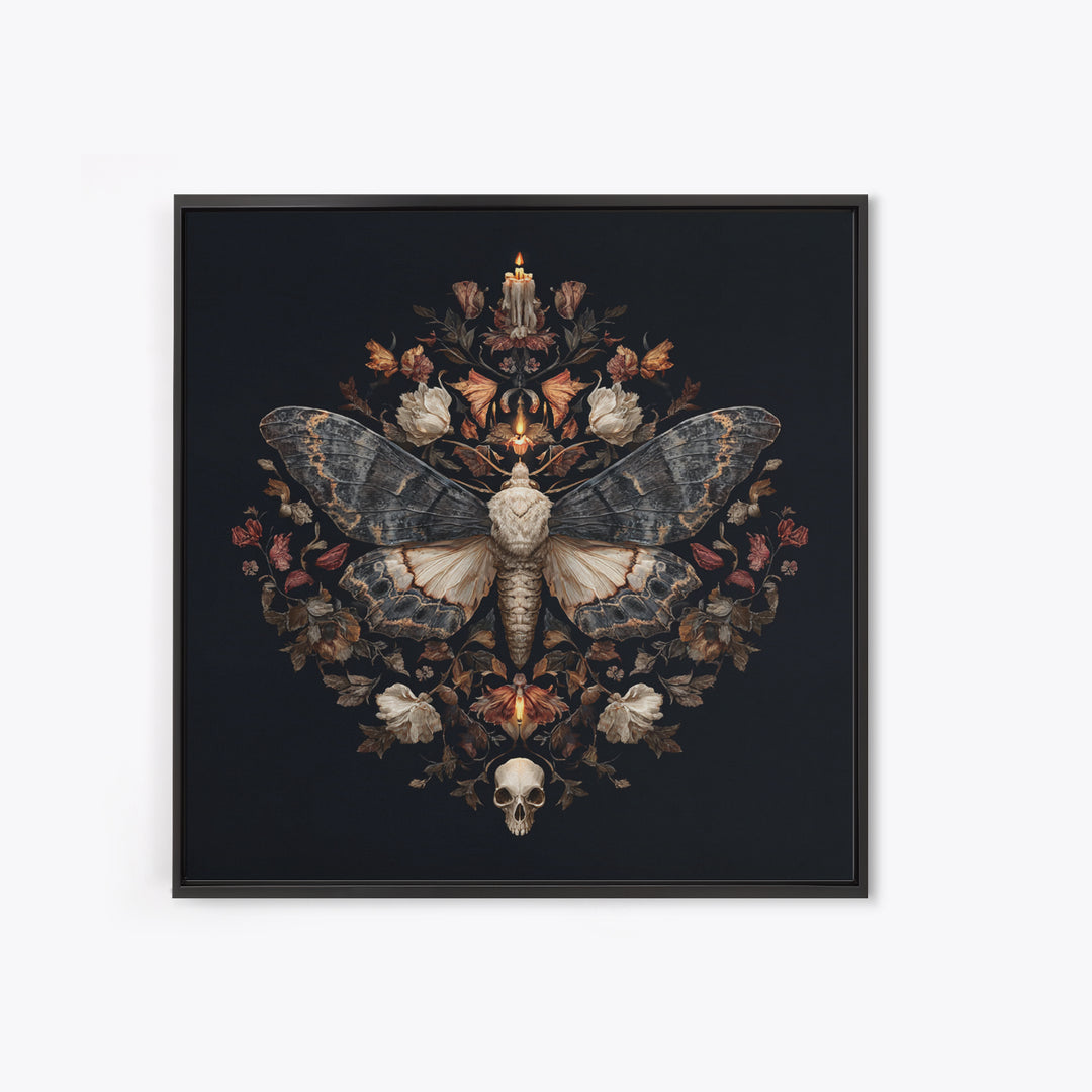 Moth and Skull Composition on Black Velvet Framed Canvas Print, Gothic Art, Gothic Wall Art, Living Room Decor, Gothic, GOT-1x1-39