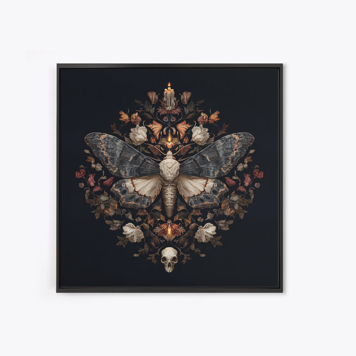 Moth and Skull Composition on Black Velvet Framed Canvas Print, Gothic Art, Gothic Wall Art, Living Room Decor, Gothic, GOT-1x1-39