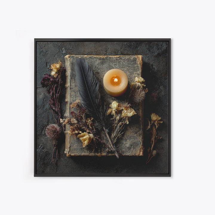 Candlelit Book and Dried Flowers Still Life Framed Canvas Print, Gothic Art, Canvas Painting, Living Room Decor, Gothic, GOT-1x1-42