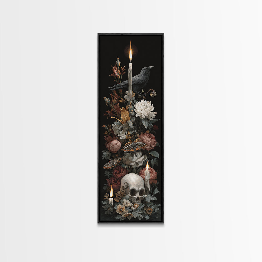 Moth and Skull Composition on Black Velvet Canvas Print, Gothic Art, Art Prints, Living Room Decor, Oil Painting, Gothic, GOT-1x3-27