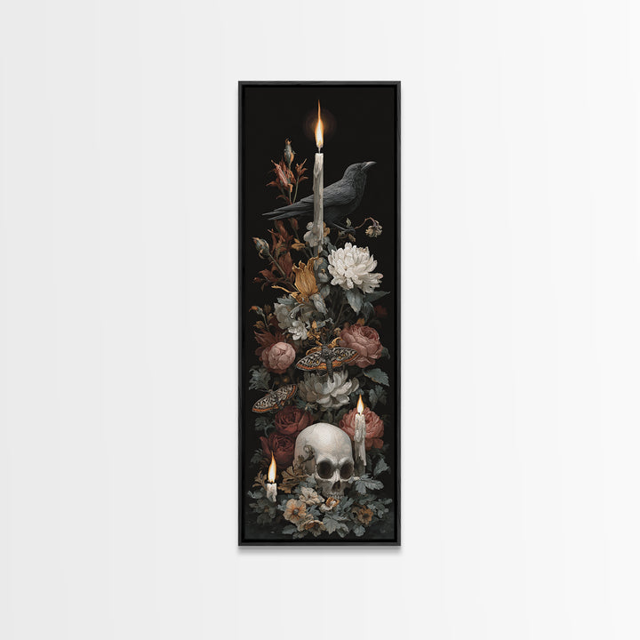 Moth and Skull Composition on Black Velvet Canvas Print, Gothic Art, Art Prints, Living Room Decor, Oil Painting, Gothic, GOT-1x3-27