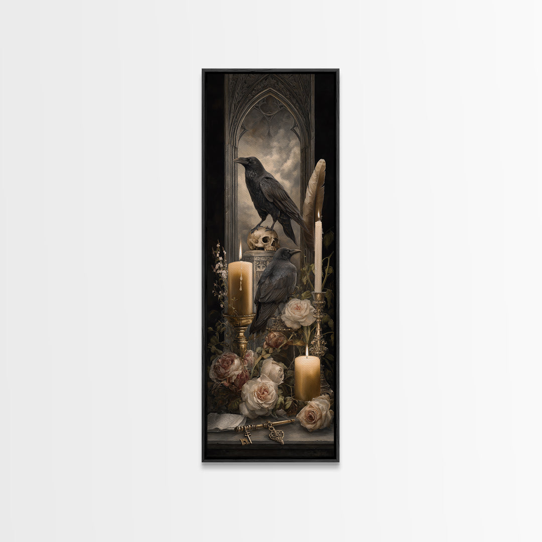Crow Feathers and Antique Key Still Life Canvas Print, Gothic Art, Art Nouveau, Living Room Decor, Gothic, Dark Academia Art, GOT-1x3-72