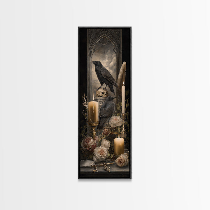 Crow Feathers and Antique Key Still Life Canvas Print, Gothic Art, Art Nouveau, Living Room Decor, Gothic, Dark Academia Art, GOT-1x3-72