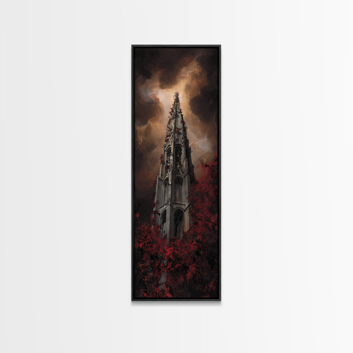 Cathedral Spire Beneath Lightning Clouds Framed Canvas Print, Gothic Art, Black and White Art, Living Room Decor, Gothic, GOT-1x3-74