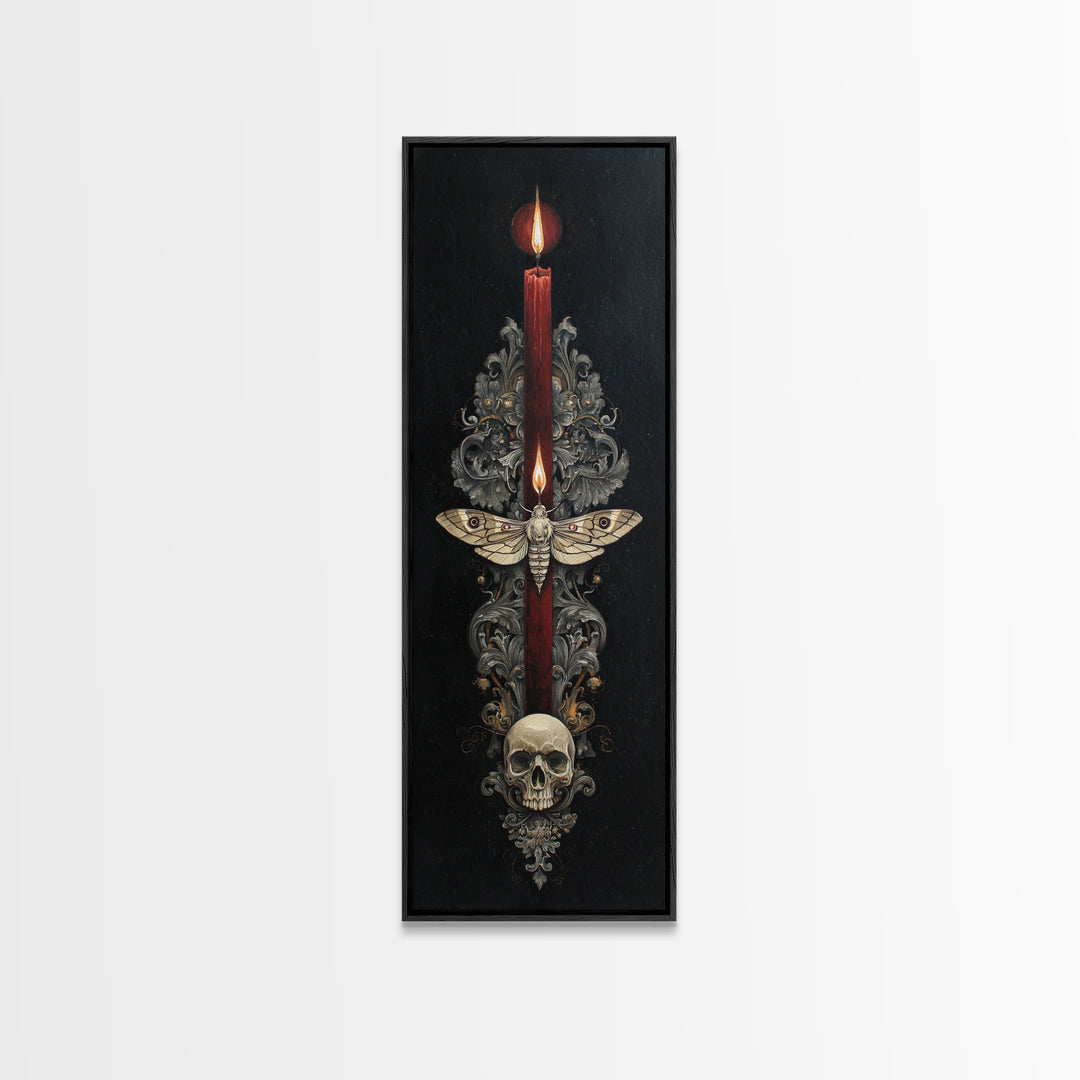 Moth and Skull Composition on Black Velvet Framed Canvas Print, Gothic Art, Living Room Decor, Fine Art, Gothic, Modern Decor, GOT-1x3-75