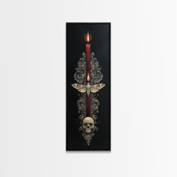 Moth and Skull Composition on Black Velvet Framed Canvas Print, Gothic Art, Living Room Decor, Fine Art, Gothic, Modern Decor, GOT-1x3-75