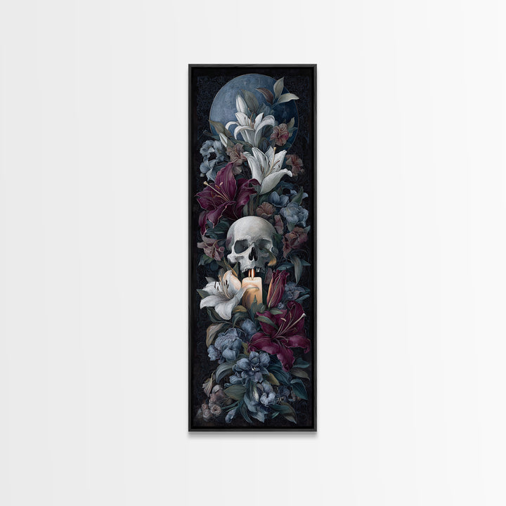Skull Surrounded by Lilies and Candles Canvas Print, Gothic Art, Halloween Art, Living Room Decor, Gothic, Neutral Decor, GOT-1x3-89