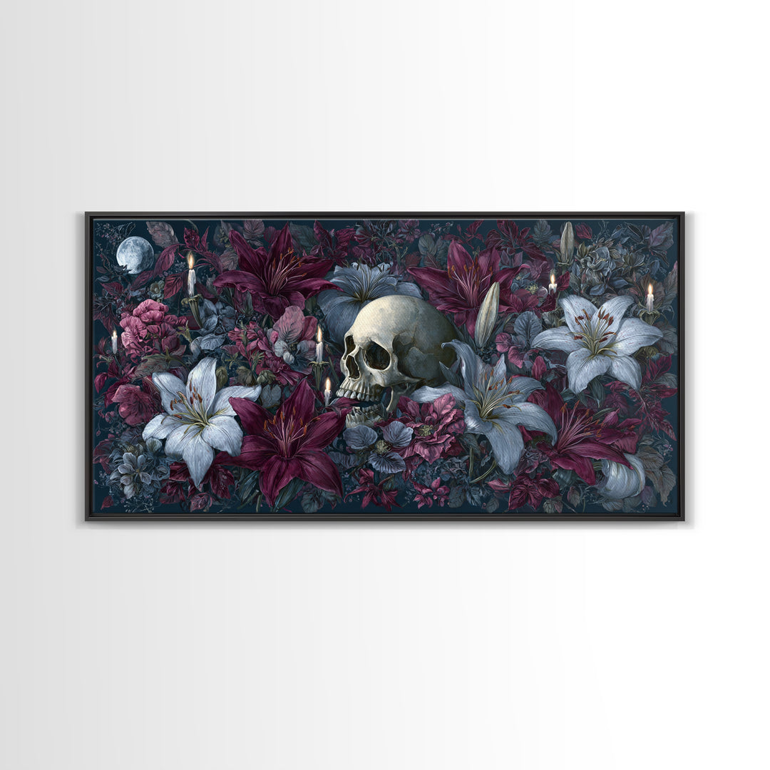 Skull Surrounded by Lilies and Candles Framed Canvas Print, Gothic Art, Home Decor, Living Room Decor, Fine Art, Gothic, GOT-2x1-1