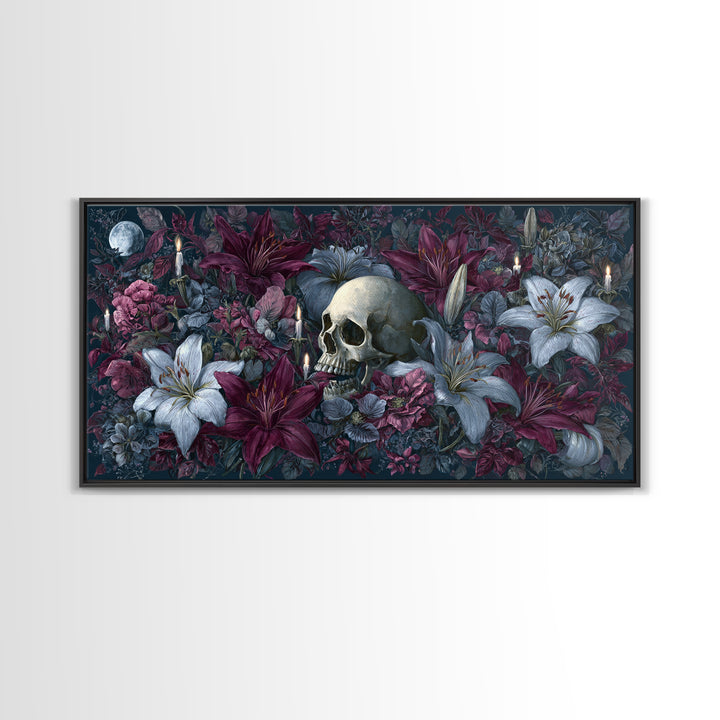 Skull Surrounded by Lilies and Candles Framed Canvas Print, Gothic Art, Home Decor, Living Room Decor, Fine Art, Gothic, GOT-2x1-1