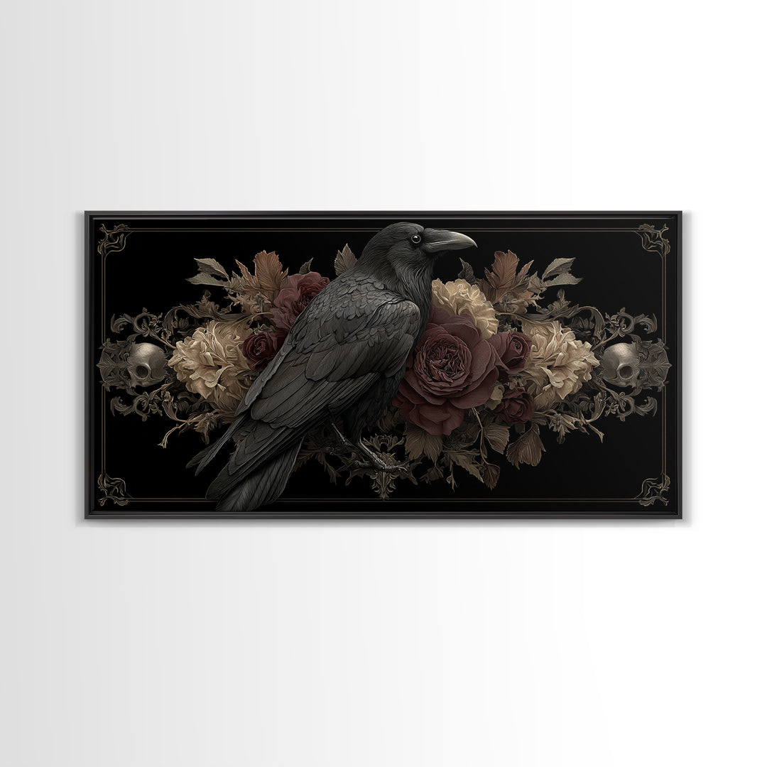 Raven Feathers Arranged Like a Halo Framed Canvas Print, Gothic Art, Fine Art Print, Living Room Decor, Fine Art, Gothic, GOT-2x1-18