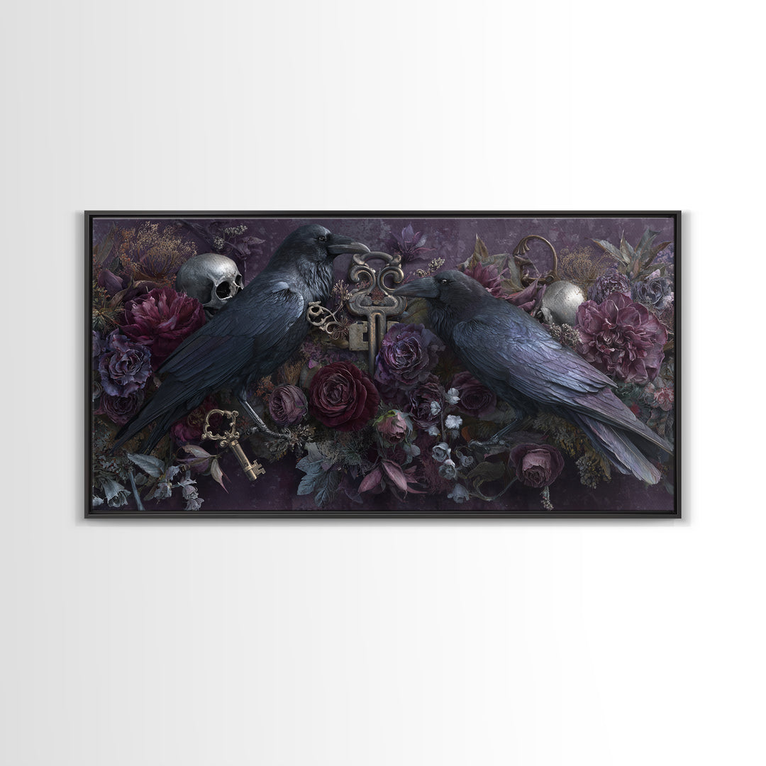 Crow Feathers and Antique Key Still Life Canvas Print, Gothic Art, Contemporary Art, Living Room Decor, Oil Painting, Gothic, GOT-2x1-32