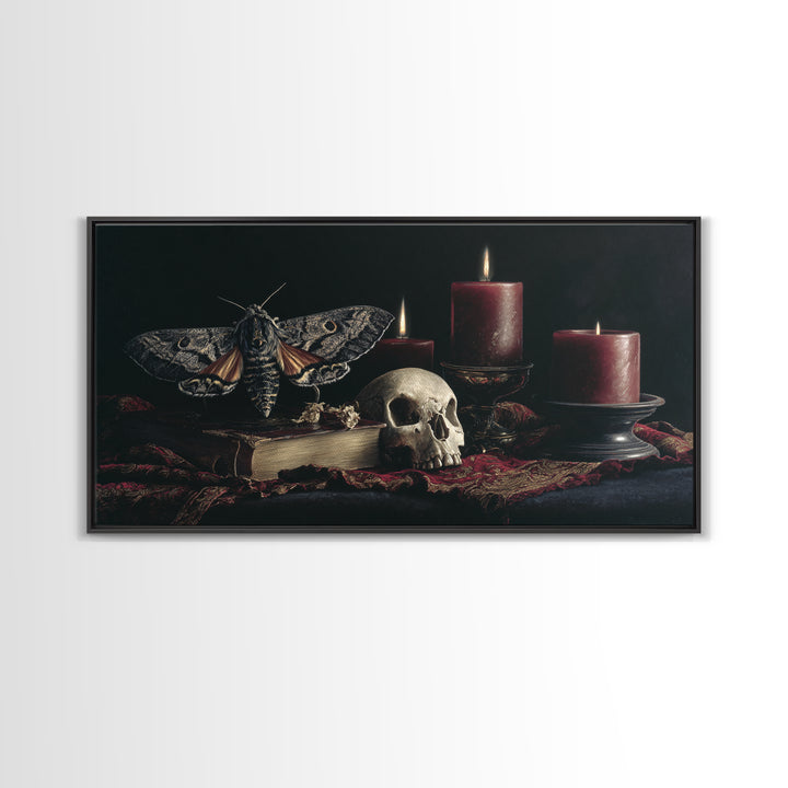 Moth and Skull Composition on Black Velvet Framed Canvas Print, Gothic Art, Halloween Art, Living Room Decor, Watercolor Art, GOT-2x1-59