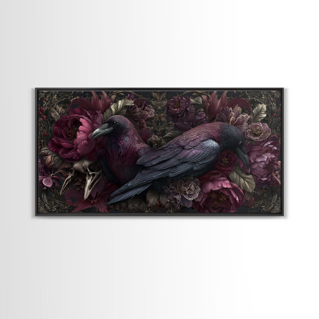 Raven Feathers Arranged Like a Halo Canvas Print, Gothic Art, Textured Painting, Living Room Decor, Watercolor Art, Gothic, GOT-2x1-66
