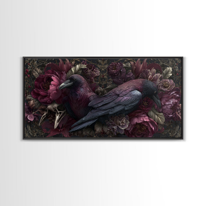 Raven Feathers Arranged Like a Halo Canvas Print, Gothic Art, Textured Painting, Living Room Decor, Watercolor Art, Gothic, GOT-2x1-66