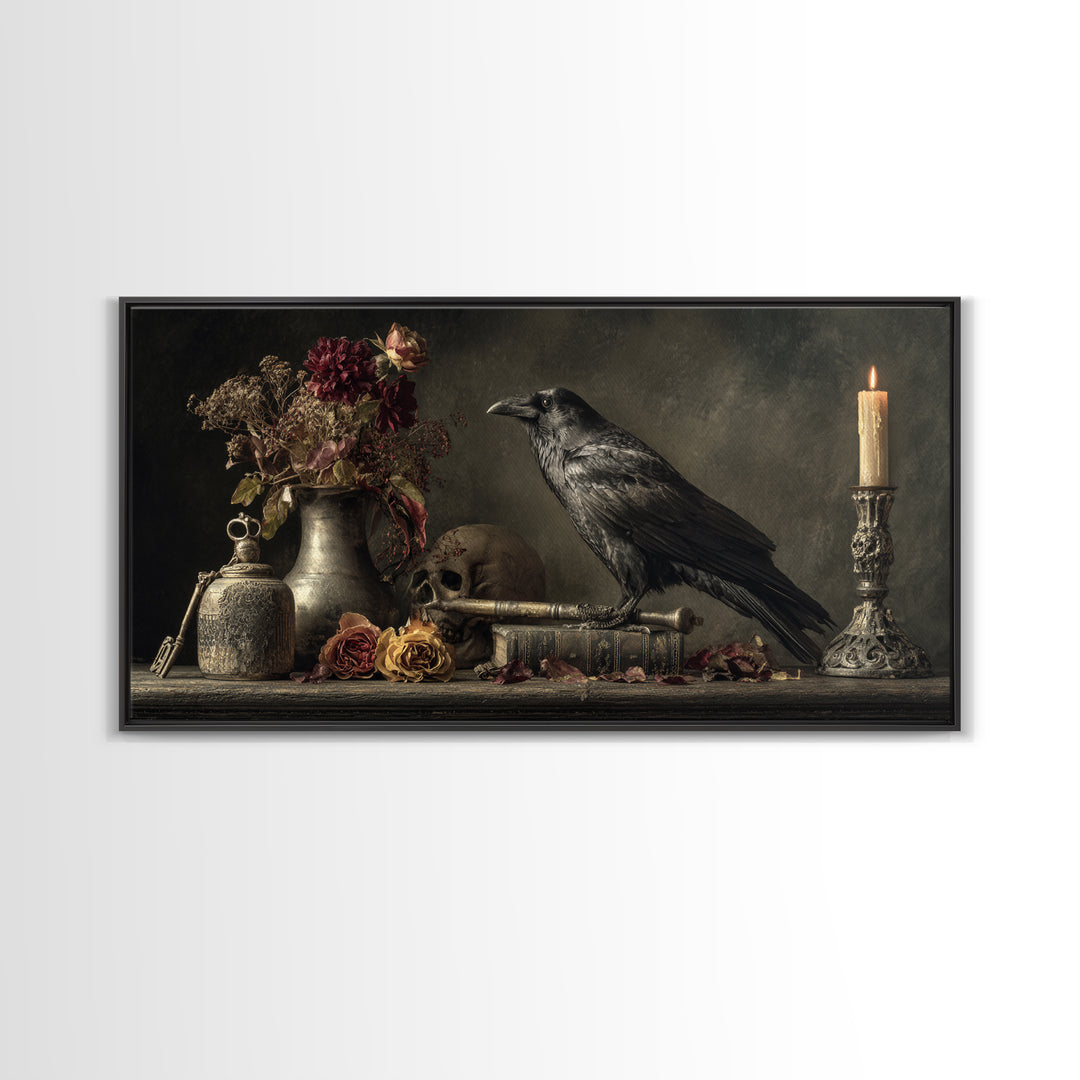 Crow Feathers and Antique Key Still Life Framed Canvas Print, Gothic Art, Dark Academia Decor, Living Room Decor, Gothic, GOT-2x1-80