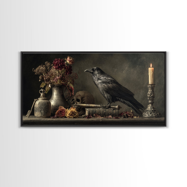 Crow Feathers and Antique Key Still Life Framed Canvas Print, Gothic Art, Dark Academia Decor, Living Room Decor, Gothic, GOT-2x1-80