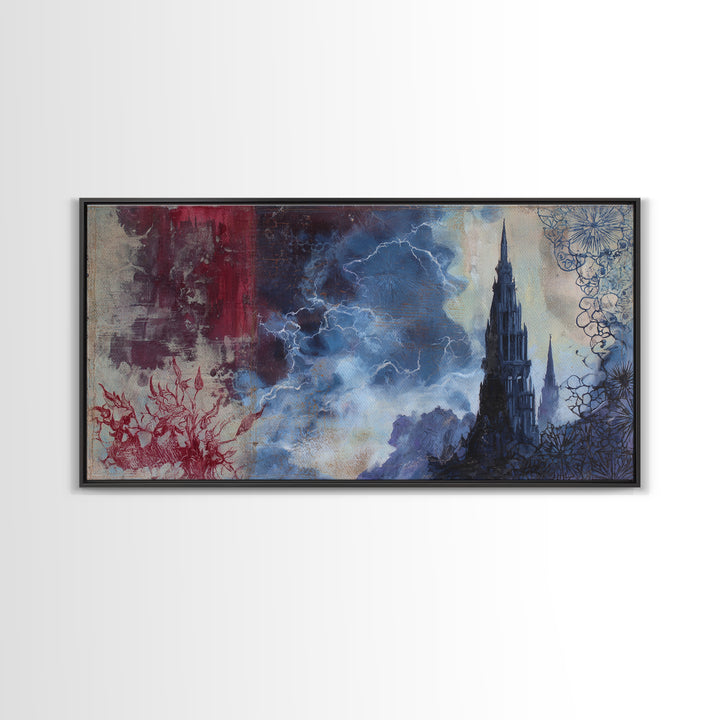 Cathedral Spire Beneath Lightning Clouds Canvas Print, Gothic Art, Wall Art, Living Room Decor, Gothic, Canvas Tote Bag, GOT-2x1-82