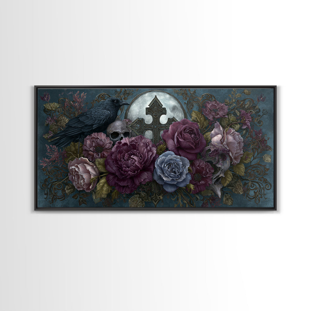 Ornate Cross and Roses Dramatic Still Life Framed Canvas Print, Gothic Art, Canvas Tote Bag, Living Room Decor, Gothic, GOT-2x1-88