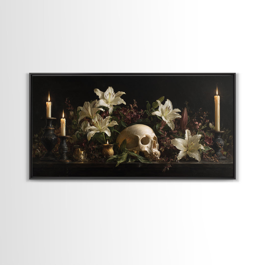Skull Surrounded by Lilies and Candles Framed Canvas Print, Gothic Art, Canvas Tote Bag, Living Room Decor, Fine Art, Gothic, GOT-2x1-97