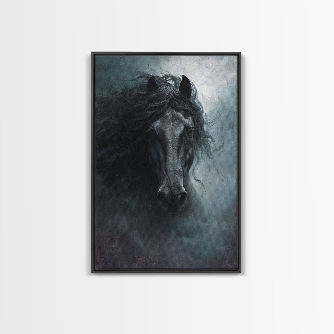 Black Horse with Flowing Mane in Fog Framed Canvas Print, Gothic Art, Wall Art, Living Room Decor, Gothic, Canvas Tote Bag, GOT-2x3-1