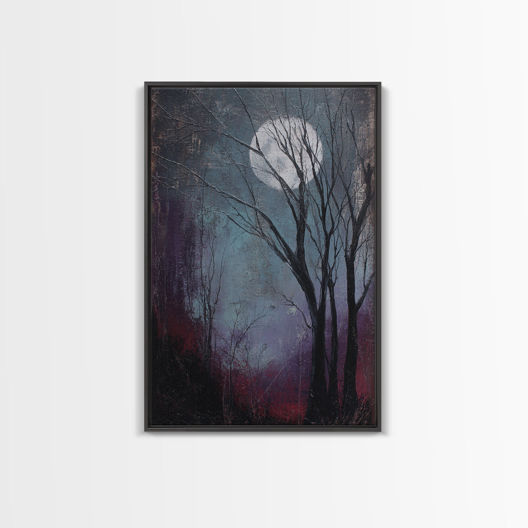 Silver Moon over Twisted Black Trees Framed Canvas Print, Gothic Art, Art Prints, Living Room Decor, Abstract Art, Gothic, GOT-2x3-17