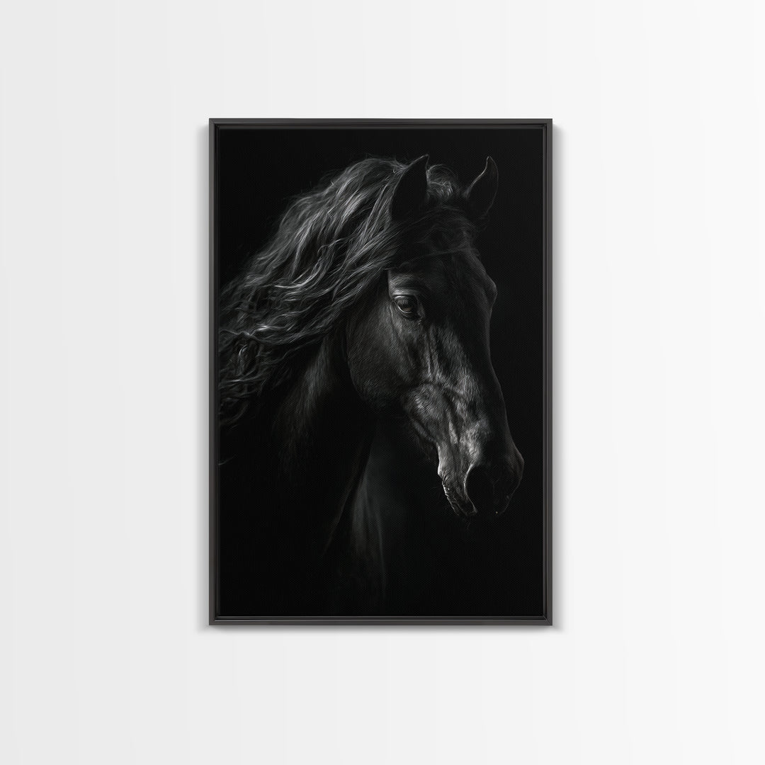 Black Horse with Flowing Mane in Fog Framed Canvas Print, Gothic Art, Wall Art, Living Room Decor, Gothic, Canvas Tote Bag, GOT-2x3-25