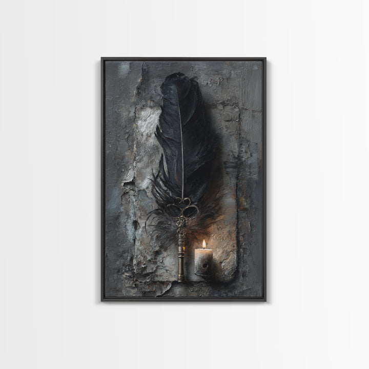 Crow Feathers and Antique Key Still Life Framed Canvas Print, Gothic Art, Black and White Art, Living Room Decor, GOT-2x3-44