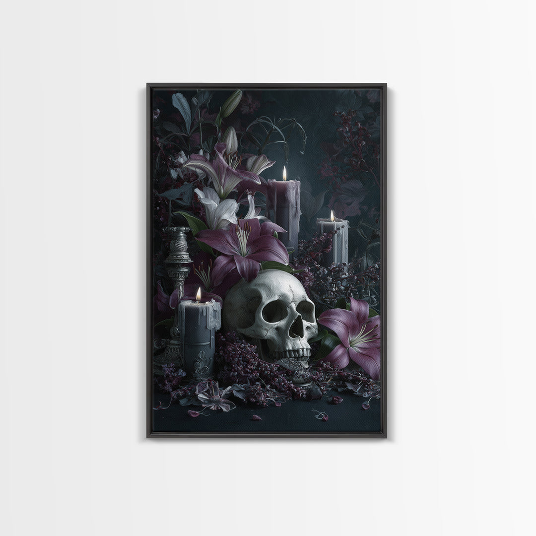 Skull Surrounded by Lilies and Candles Canvas Print, Gothic Art, Original Painting, Living Room Decor, Fine Art, Gothic, GOT-2x3-61