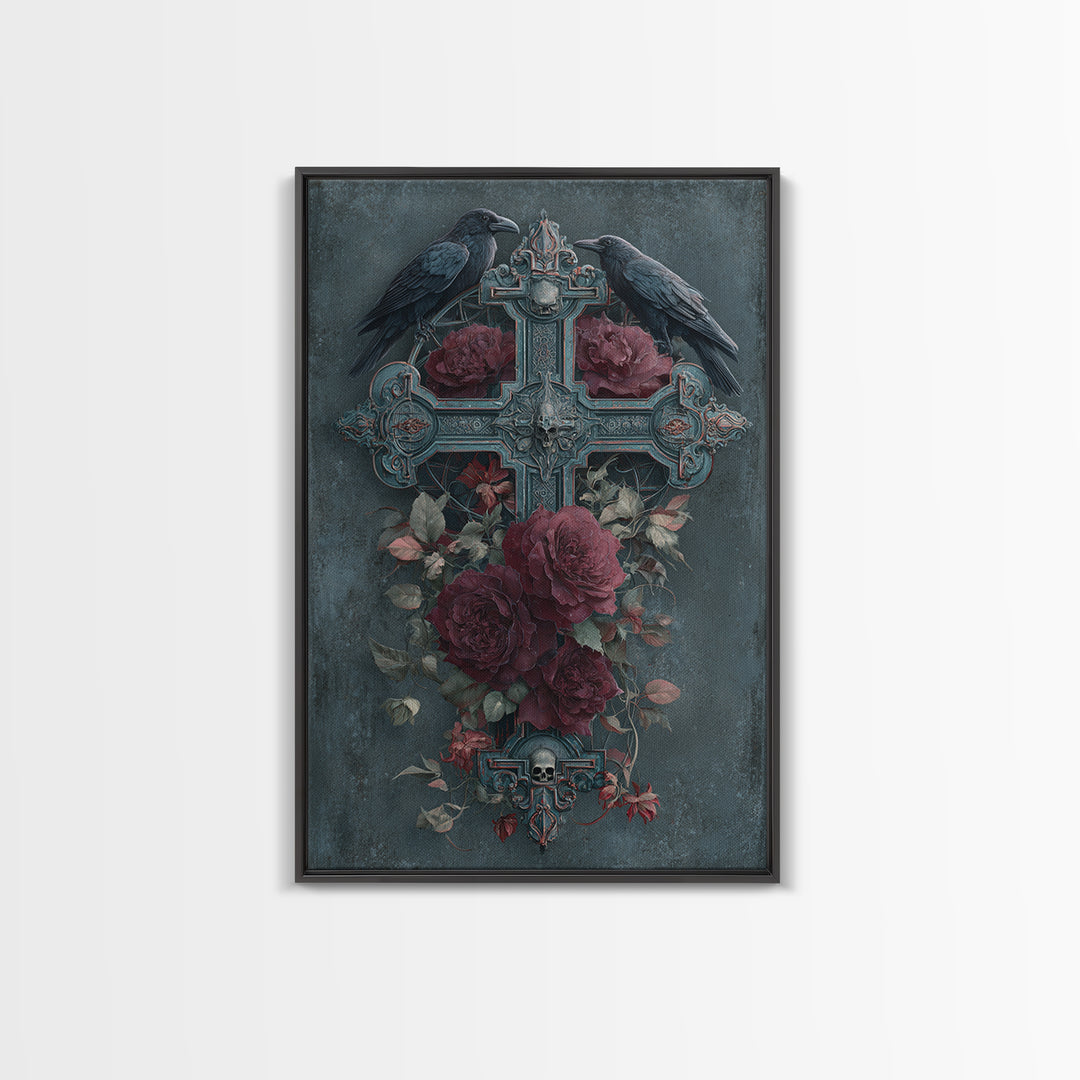 Ornate Cross and Roses Dramatic Still Life Framed Canvas Print, Gothic Art, Printable Art, Living Room Decor, Fine Art, Gothic, GOT-2x3-76