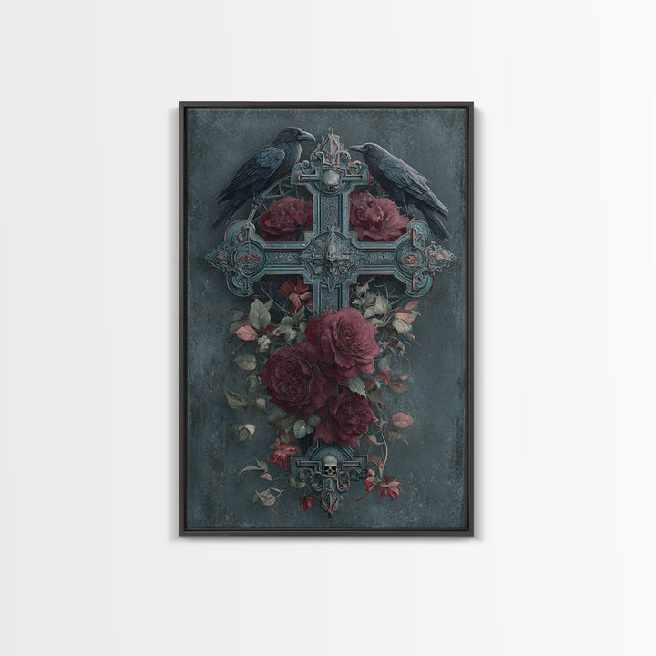 Ornate Cross and Roses Dramatic Still Life Framed Canvas Print, Gothic Art, Printable Art, Living Room Decor, Fine Art, Gothic, GOT-2x3-76