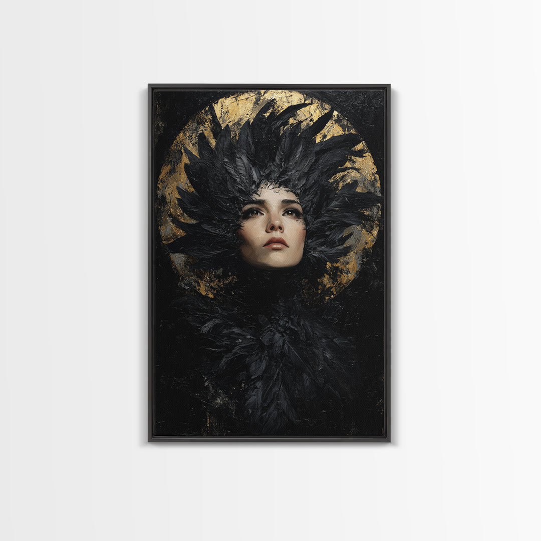 Raven Feathers Arranged Like a Halo Framed Canvas Print, Gothic Art, Art Prints, Living Room Decor, Fine Art, Gothic, GOT-2x3-78