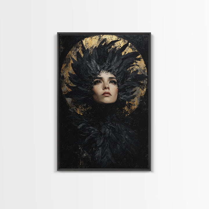 Raven Feathers Arranged Like a Halo Framed Canvas Print, Gothic Art, Art Prints, Living Room Decor, Fine Art, Gothic, GOT-2x3-78