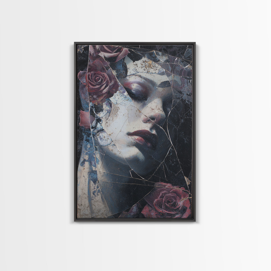 Cracked Mirror Reflecting Moon and Roses Canvas Print, Gothic Art, Poster, Living Room Decor, Fine Art, Gothic, Witchy Decor, GOT-2x3-79