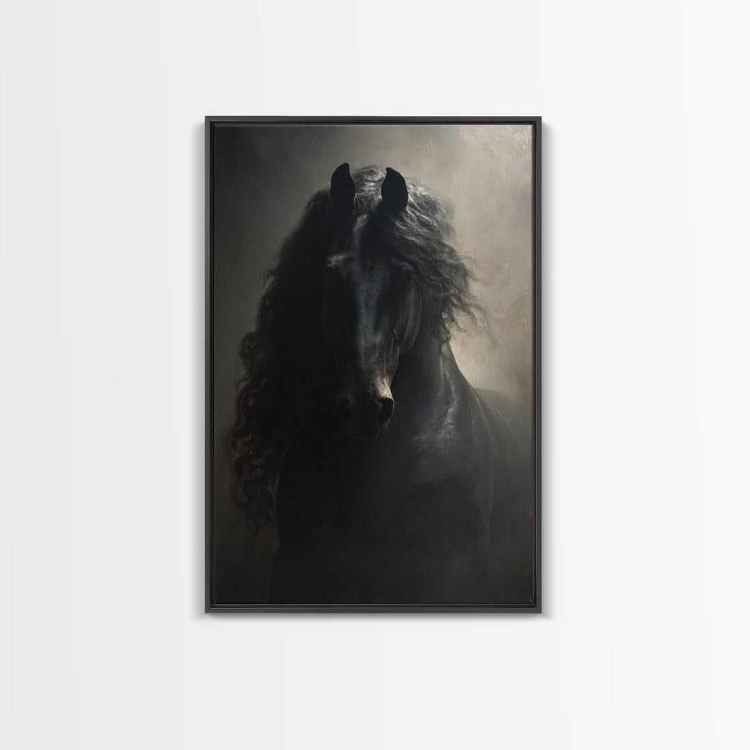 Black Horse with Flowing Mane in Fog Framed Canvas Print, Gothic Art, Art Nouveau, Living Room Decor, Fine Art, Gothic, GOT-2x3-97
