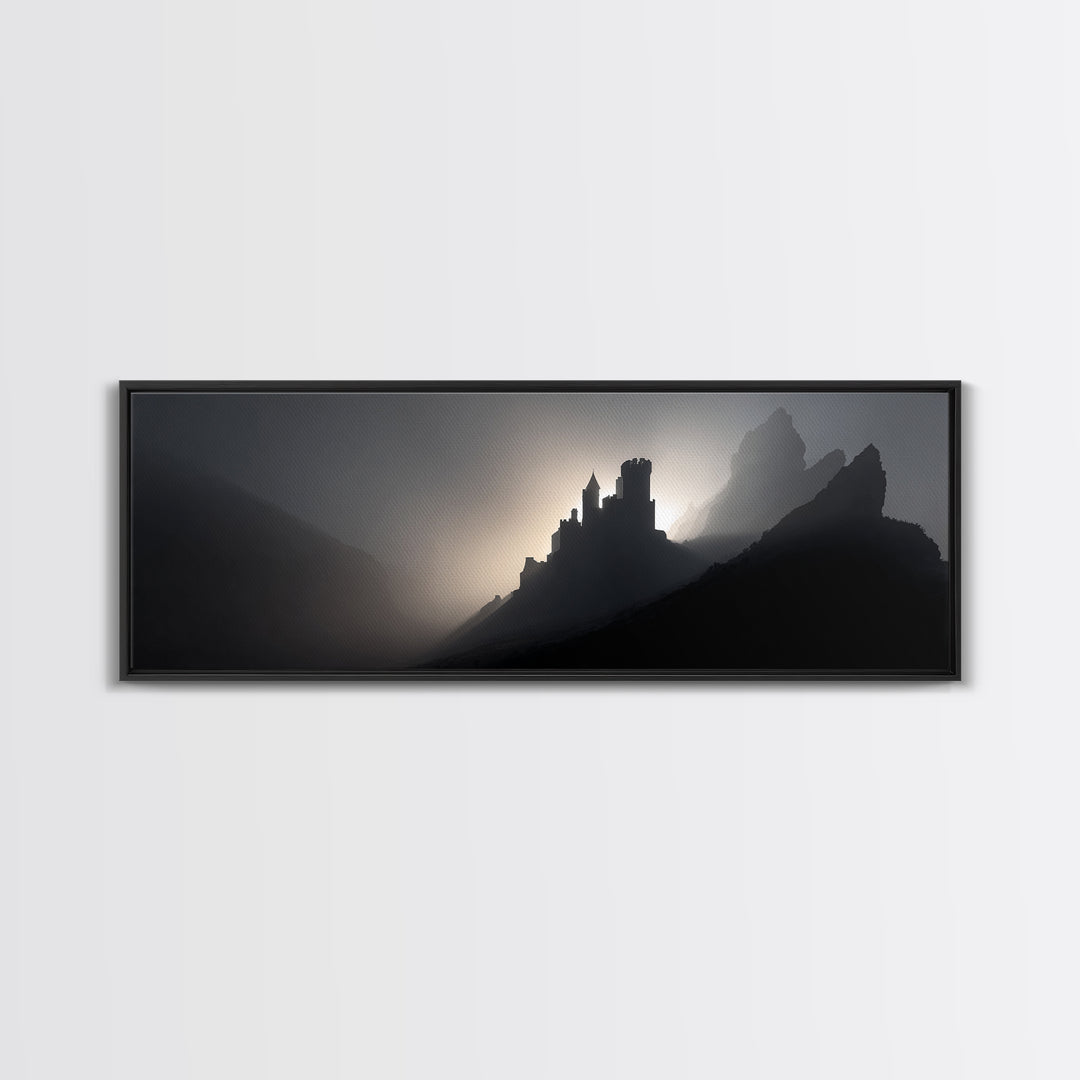 Stormy Castle Silhouette on Jagged Cliffs Canvas Print, Gothic Art, Boho Decor, Living Room Decor, Abstract Art, Gothic, GOT-3x1-22